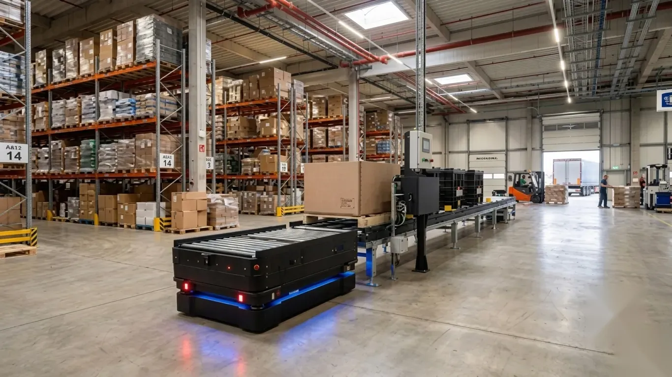 An autonomous mobile robot interfacing with a conveyor line in a warehouse